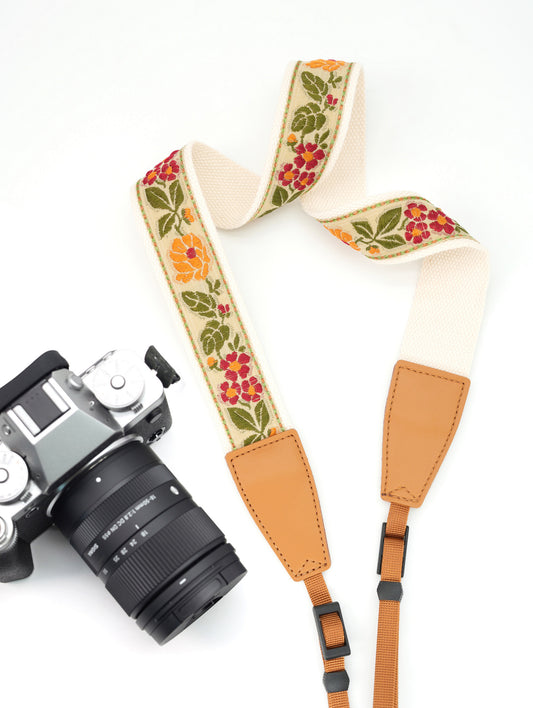 1.5“ Width adjustable Camera Strap | Embroidered Ribbon Camera Strap | Vintage Ribbon With Gold Metallic Thread | Photography Accessories | Holiday Gift