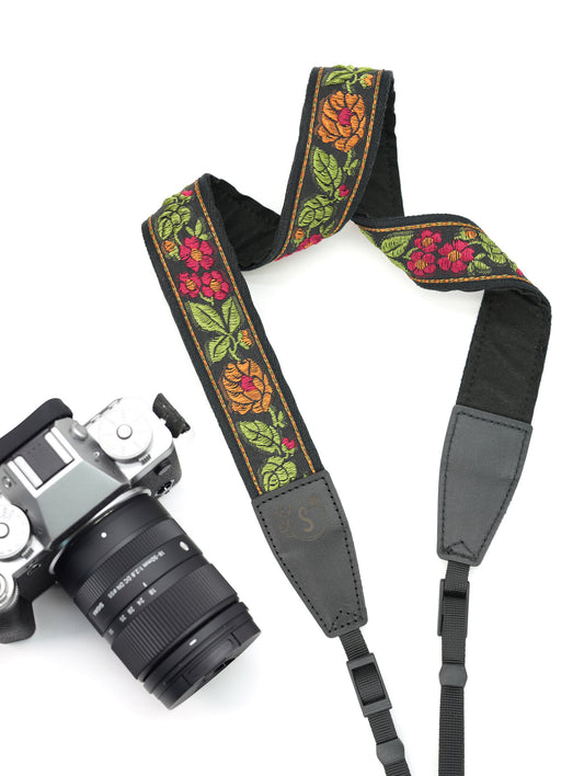 1.5“ Width adjustable Camera Strap | Embroidered Ribbon Camera Strap | Vintage Ribbon With Gold Metallic Thread | Photography Accessories | Holiday Gift