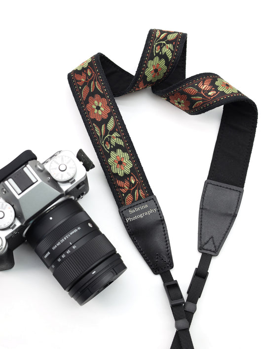 1.5“ Width adjustable Camera Strap | Embroidered Ribbon Camera Strap | Vintage Ribbon With Gold Metallic Thread | Photography Accessories | Holiday Gift