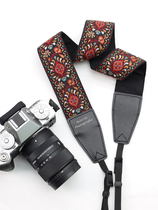 2.0“ Width adjustable Camera Strap | Embroidered Ribbon Camera Strap | Vintage Ribbon With Gold Metallic Thread | Photography Accessories