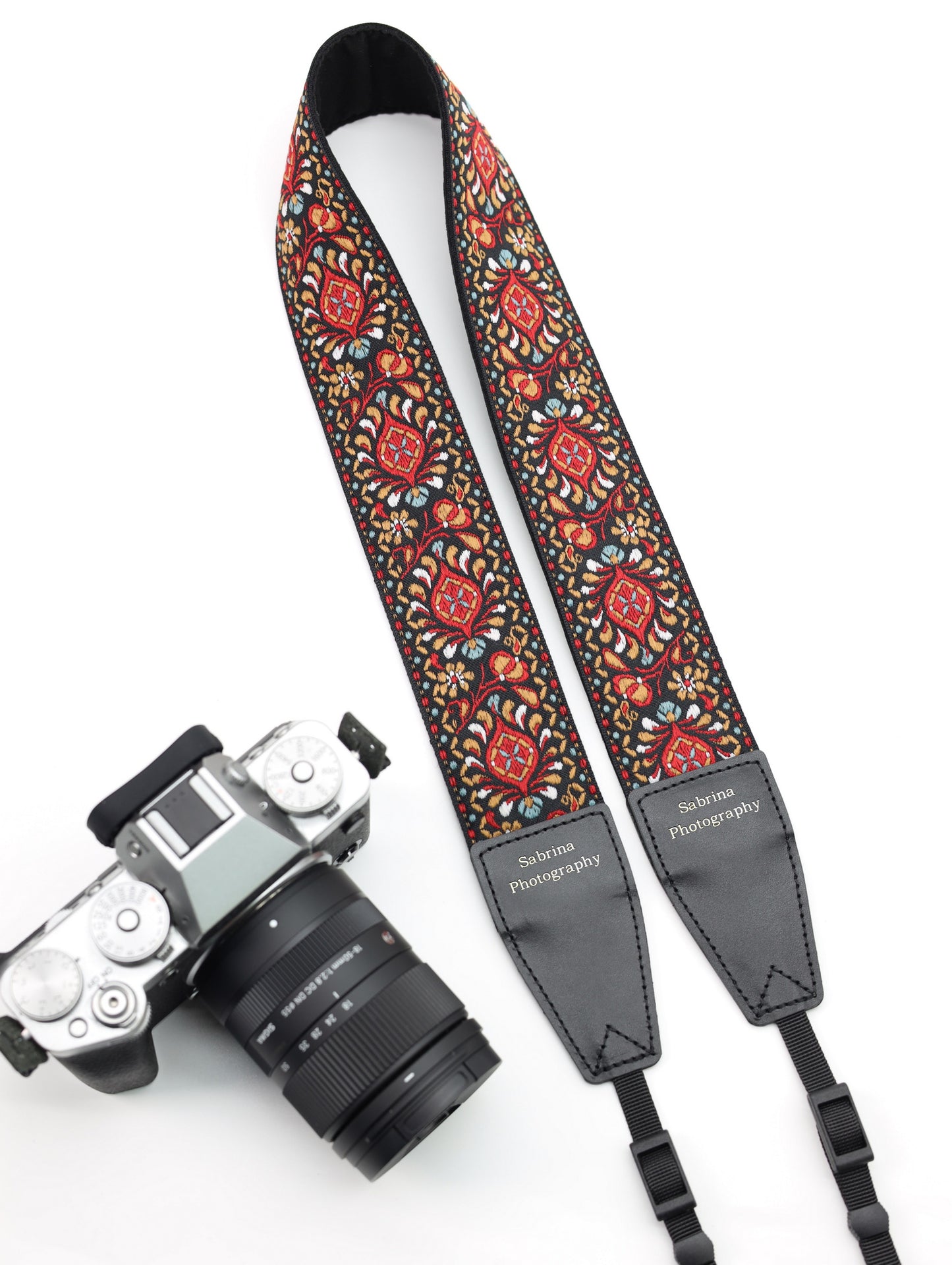 2.0“ Width adjustable Camera Strap | Embroidered Ribbon Camera Strap | Vintage Ribbon With Gold Metallic Thread | Photography Accessories