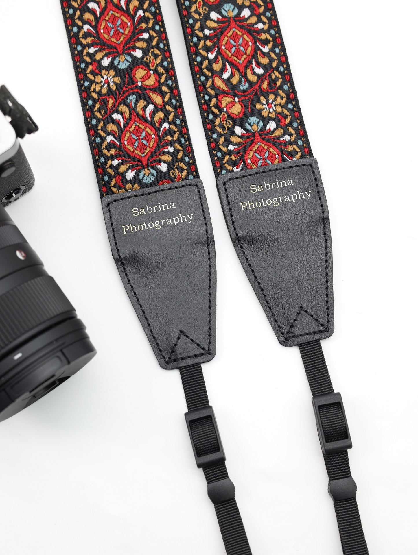 2.0“ Width adjustable Camera Strap | Embroidered Ribbon Camera Strap | Vintage Ribbon With Gold Metallic Thread | Photography Accessories