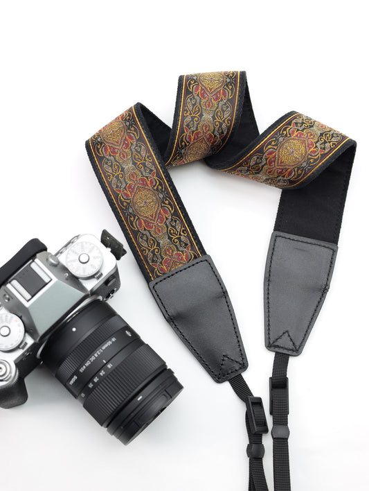 2.0“ Width adjustable Camera Strap | Embroidered Ribbon Camera Strap | Vintage Ribbon With Gold Metallic Thread | Photography Accessories
